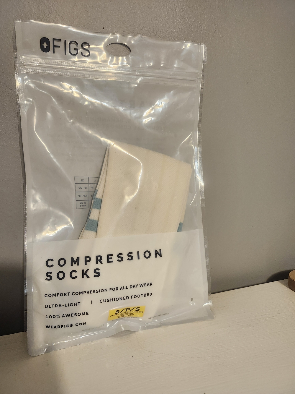 Figs Compression Socks — Cream with Light Blue Stripes